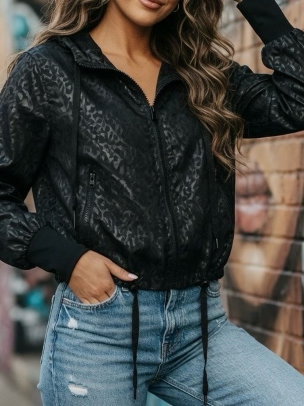 ZYIA Active Black Leopard Print Hooded Windbreaker